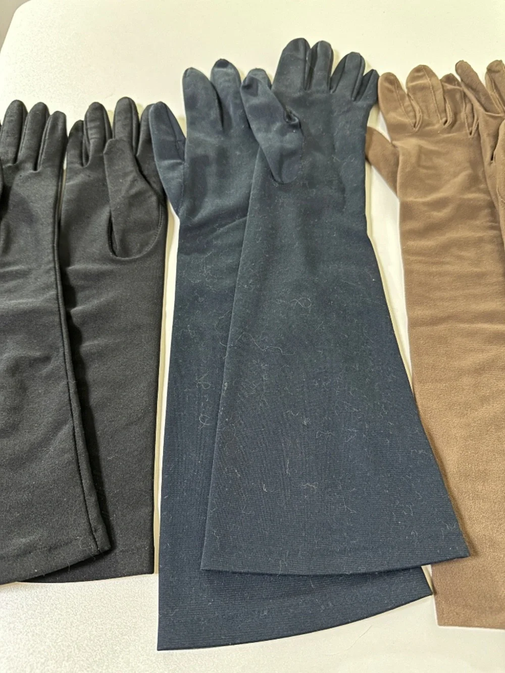 Three Pairs Vintage 1950s Gloves Long Length Size 7 Black Blue Taupe